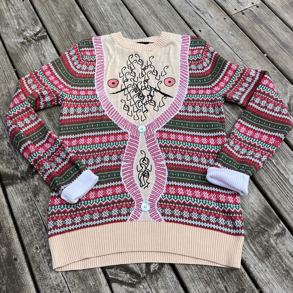 Ugly Christmas Sweater Mens Sz S‎ Hairy Chest Fair Isle Faux Cardigan